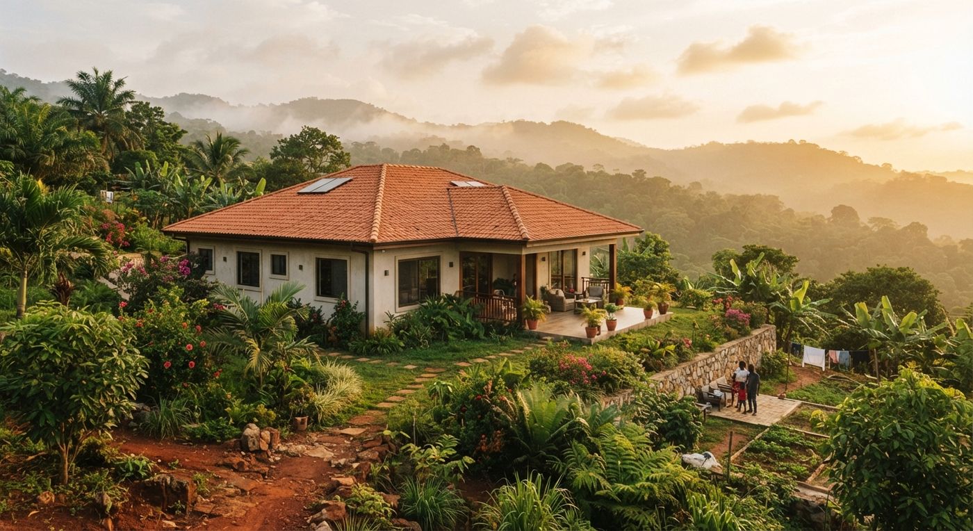 A family house on a green hillside in Aburi at golden hour