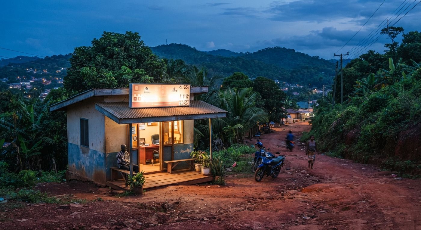 The Simpoa & Kapre office sign lit up at dusk