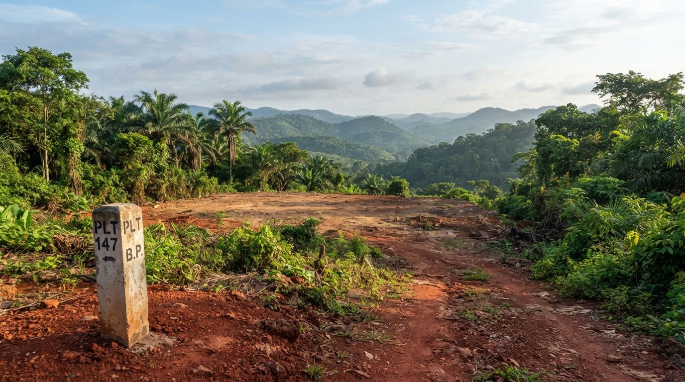 Cleared plot on the Aburi ridge with a corner pillar and green hills behind