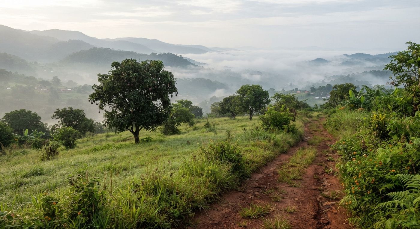 Grassy plot with mango trees and a dirt access road, misty valley beyond