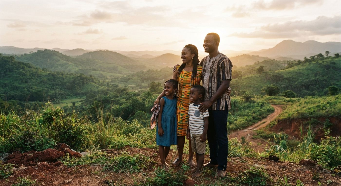 A family standing on their plot of land