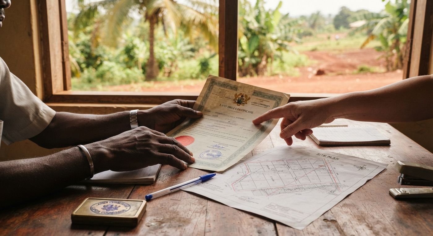 A land title certificate and site plan on a desk