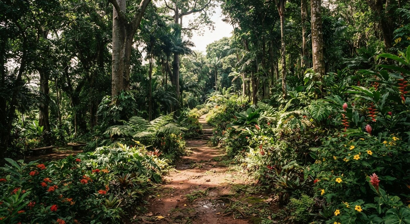 A quiet garden path under tall trees in Aburi