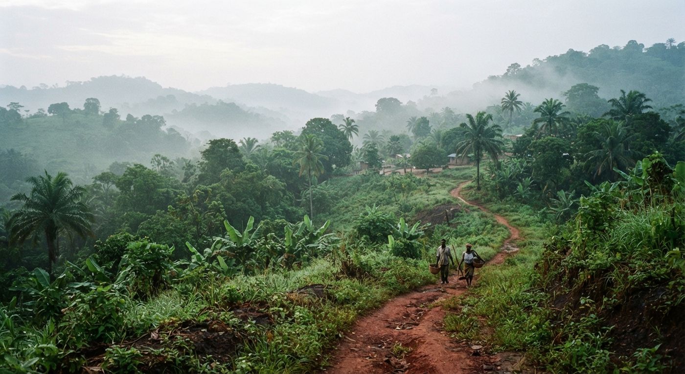 Morning mist over green hills near Aburi