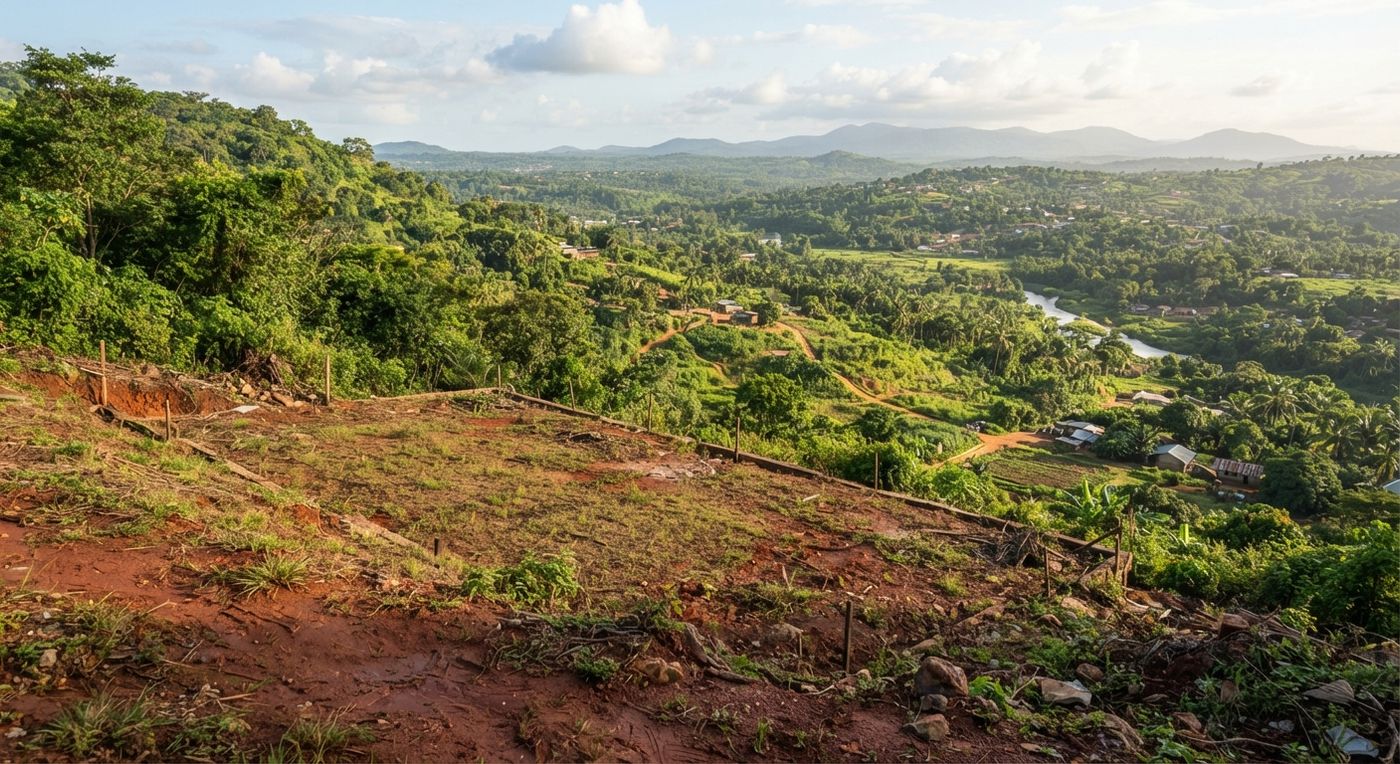 A cleared plot on a hillside slope above a valley